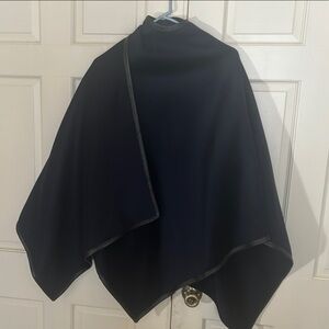 Talbots Navy Wool Blend Cape with Black Leather Trim
